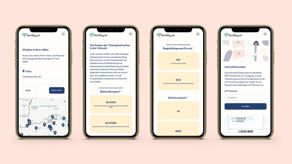 4 Screenshots fertility.ch, Klinik-Finder, Kostenrechner und LOT-Login