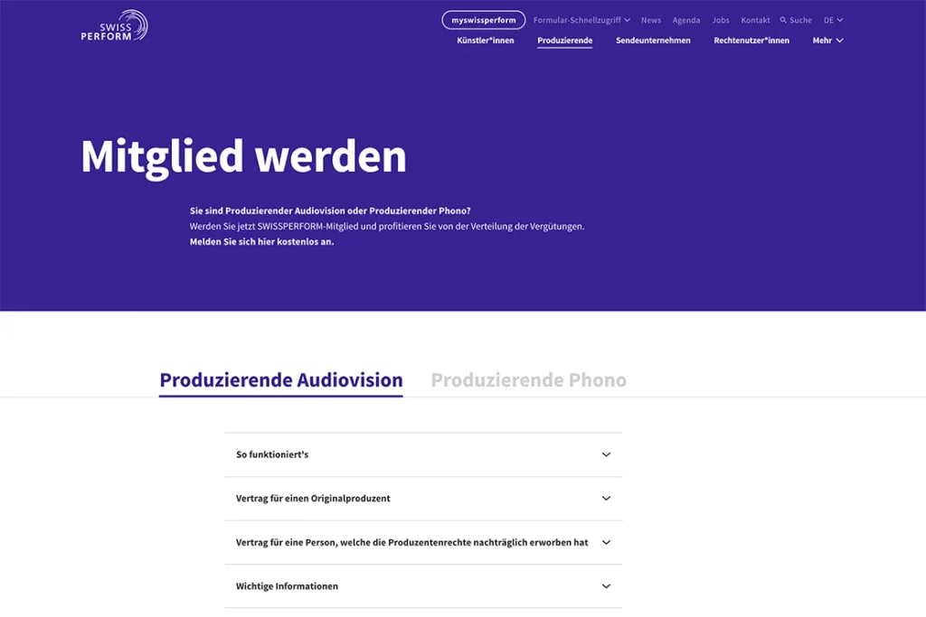 Swissperform Mitglied werden Interface